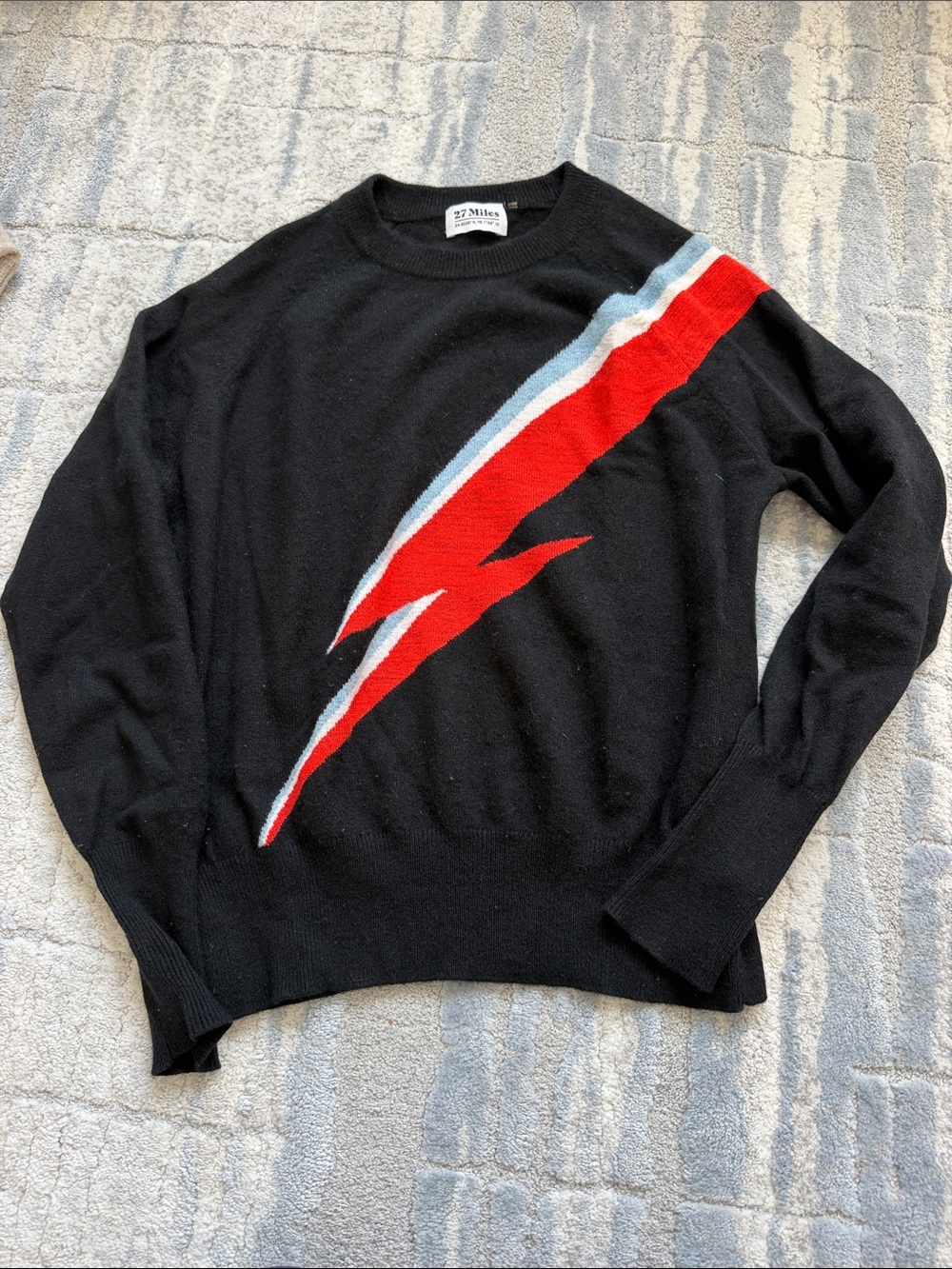 27 Miles Malibu Black Crewneck Sweater with Red Lightning and White-Blue Accents